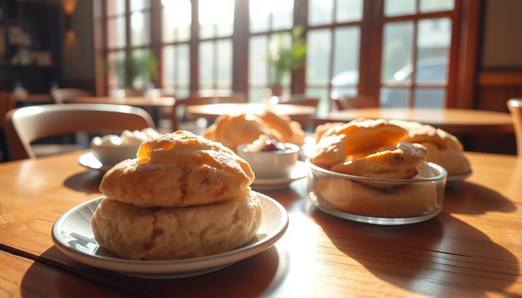 A cozy café setting, sunlight streaming through large windows, illuminating a wooden table laid with an assortment of freshly baked scones. Close-up view, capturing the delicate texture and golden-brown hue of the scones, accompanied by small dishes of rich clotted cream and vibrant fruit preserves. The overall mood is one of relaxation and indulgence, inviting the viewer to imagine the satisfying experience of savoring these traditional Singaporean treats.