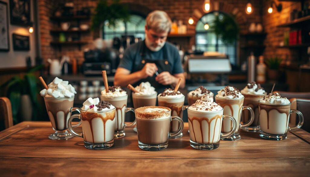 A cozy café setting with a wooden table in the foreground, adorned with an array of creative hot chocolate variations. In the middle ground, a barista carefully crafts a range of beverages, each with unique toppings and garnishes - from fluffy marshmallows and cinnamon sticks to edible flowers and grated chocolate. The background features a warm, inviting atmosphere with soft lighting, exposed brick walls, and a hints of greenery, evoking a sense of artisanal charm. The image conveys a sense of experimentation and delight, capturing the essence of unique and imaginative hot chocolate creations.