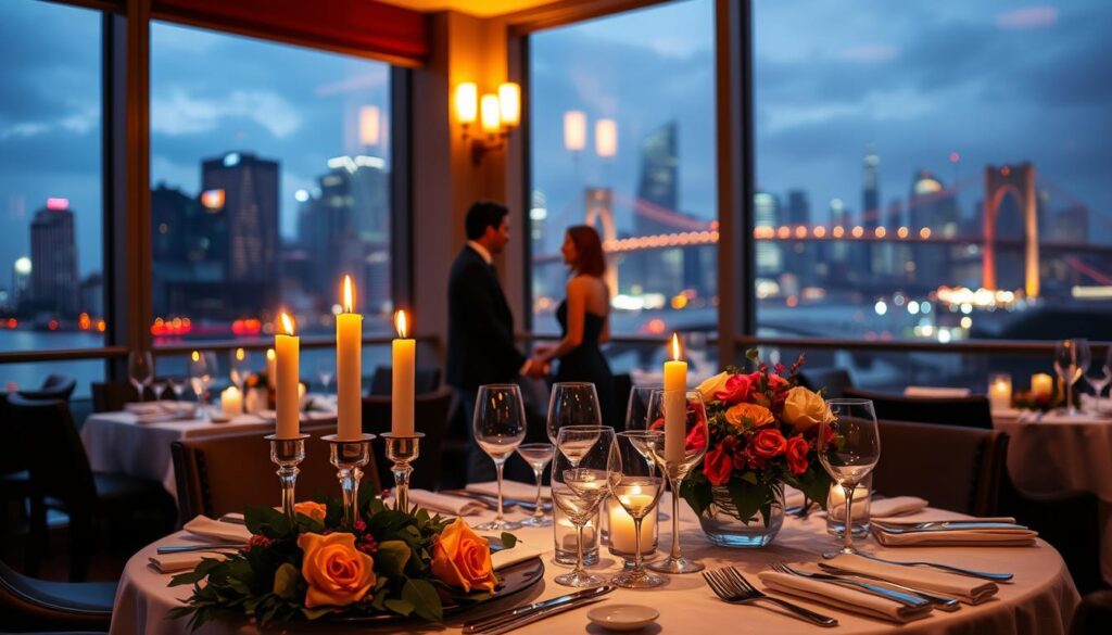 A cozy, candlelit restaurant interior with a view of the Singapore skyline through large windows. The foreground features a elegant table setting with fine china, crystal glassware, and a lush floral centerpiece. The middle ground showcases a couple in an intimate conversation, surrounded by the ambiance of soft lighting and gentle background music. In the background, the city skyline sparkles with the glow of skyscrapers and bridges. The overall atmosphere evokes a sense of romance, exclusivity, and culinary sophistication.