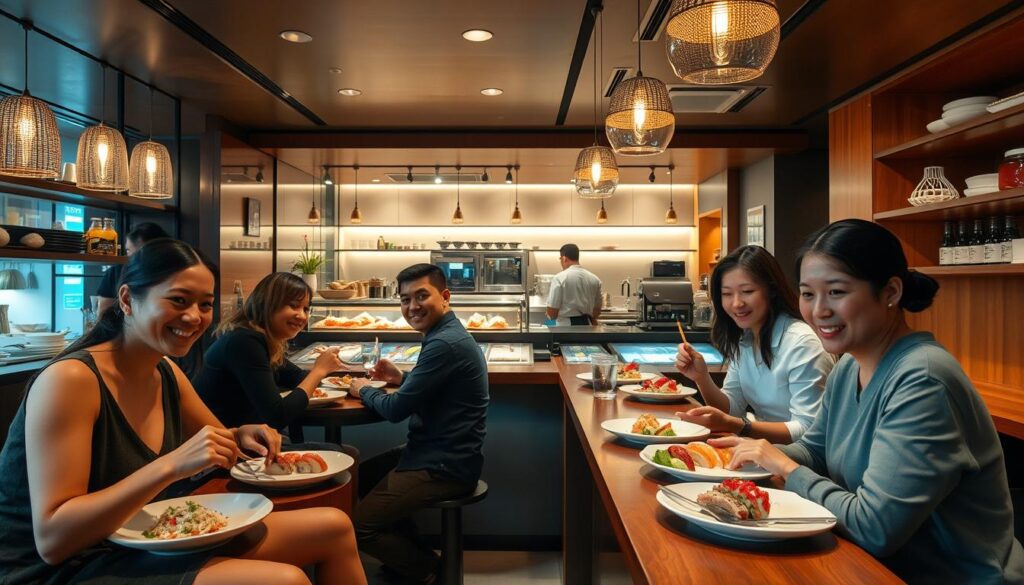 A cozy, contemporary sushi bar with a relaxed ambiance. The foreground features a group of diners enjoying plates of expertly crafted sushi and sashimi, their expressions reflecting the restaurant's inviting atmosphere. The middle ground showcases the sleek, minimalist decor - polished wooden counters, subtle lighting, and a display of fresh seafood. In the background, a glimpse of the open kitchen where skilled chefs meticulously prepare each dish. The scene is captured with a wide-angle lens, emphasizing the spacious, welcoming layout of the establishment. The overall mood is one of casual elegance, perfectly suited for an intimate dining experience.