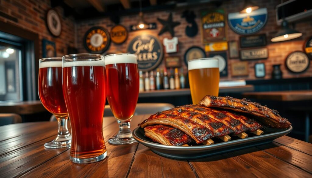 A cozy craft beer bar in Singapore, with a warm, inviting atmosphere. In the foreground, a selection of craft beers in glasses, their amber hues reflecting the soft, ambient lighting. Beside them, a plate of succulent, expertly grilled pork ribs, the aroma of smoked spices and tangy sauces wafting through the air. In the middle ground, a wooden table with a rustic, weathered finish, creating a sense of history and tradition. The background features exposed brick walls, adorned with vintage beer memorabilia and dim, atmospheric lighting, transporting the viewer to a quintessential Singaporean gastropub experience. A cozy craft beer bar in Singapore, with a warm, inviting atmosphere. In the foreground, a selection of craft beers in glasses, their amber hues reflecting the soft, ambient lighting. Beside them, a plate of succulent, expertly grilled pork ribs, the aroma of smoked spices and tangy sauces wafting through the air. In the middle ground, a wooden table with a rustic, weathered finish, creating a sense of history and tradition. The background features exposed brick walls, adorned with vintage beer memorabilia and dim, atmospheric lighting, transporting the viewer to a quintessential Singaporean gastropub experience.