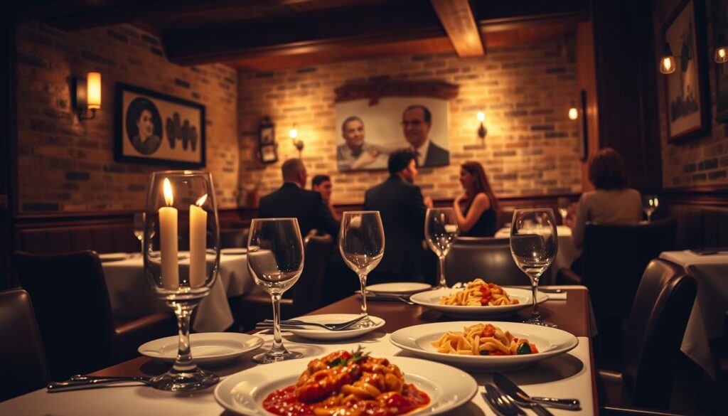 A cozy, dimly lit Italian restaurant interior. In the foreground, a table setting with fine china, crystal glassware, and elegant silverware. Plates of authentic Italian cuisine, such as handmade pasta, rich sauces, and fresh seafood, adorn the table. Soft candlelight flickers, casting a warm glow over the scene. In the middle ground, well-dressed diners converse animatedly, enjoying the intimate Bib Gourmand dining experience. The background features rustic brick walls, wooden beams, and subtle earth-toned accents, creating a refined, traditional ambiance. Dramatic high-contrast lighting emphasizes the textures and colors, evoking a sense of culinary expertise and discerning taste.