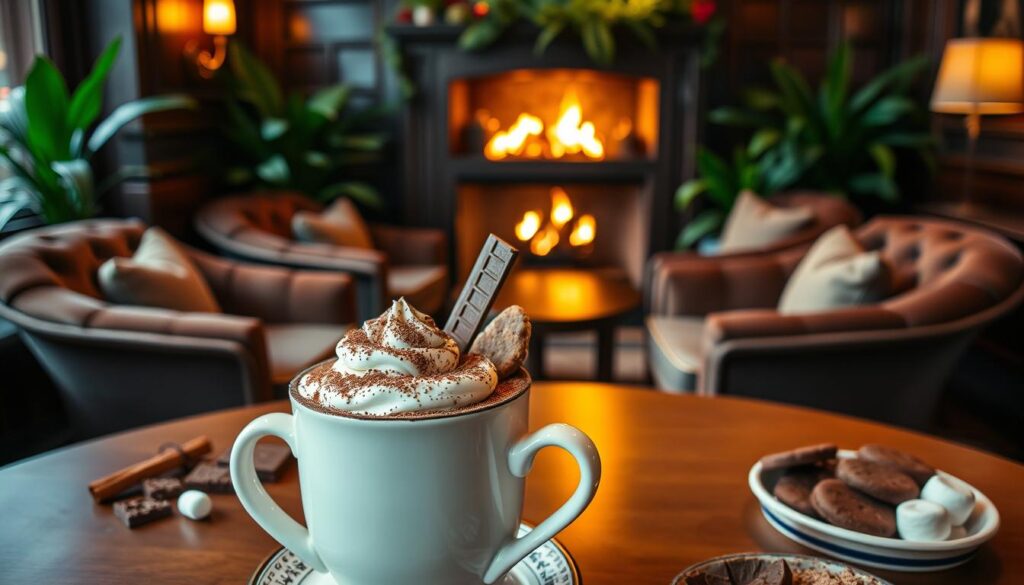 A cozy, dimly-lit cafe setting with a luxurious hot chocolate experience at the center. In the foreground, a large, artfully-crafted mug filled with rich, creamy chocolate topped with a swirl of whipped cream, a sprinkle of cocoa powder, and a delicate chocolate wafer. Surrounding the mug, an array of gourmet toppings and accompaniments, such as cinnamon sticks, marshmallows, and shaved chocolate. In the middle ground, plush velvet armchairs and a polished wooden table, creating an intimate and indulgent atmosphere. The background features a warm, golden glow from a crackling fireplace, complemented by soft, ambient lighting and lush, verdant potted plants, conveying a sense of refined comfort and sophistication.