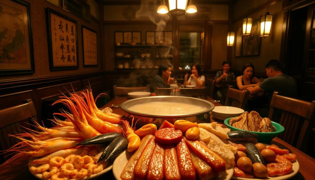 A cozy, dimly lit interior of a traditional Singaporean steamboat restaurant, with a large, bubbling pot of simmering broth at the center of a wooden table. The walls are adorned with vintage decor and Chinese calligraphy, creating a warm, welcoming atmosphere. In the foreground, an array of fresh seafood, including plump prawns, succulent slices of fish, and tender meatballs, are arranged artfully around the steaming pot. The lighting is soft and intimate, casting a golden glow over the scene. In the background, a group of diners can be seen enjoying the communal dining experience, their faces filled with delight as they dip their ingredients into the flavorful broth. The overall impression is one of a cozy, authentic Singaporean dining experience, where the focus is on the high-quality ingredients and the joy of sharing a meal together.
