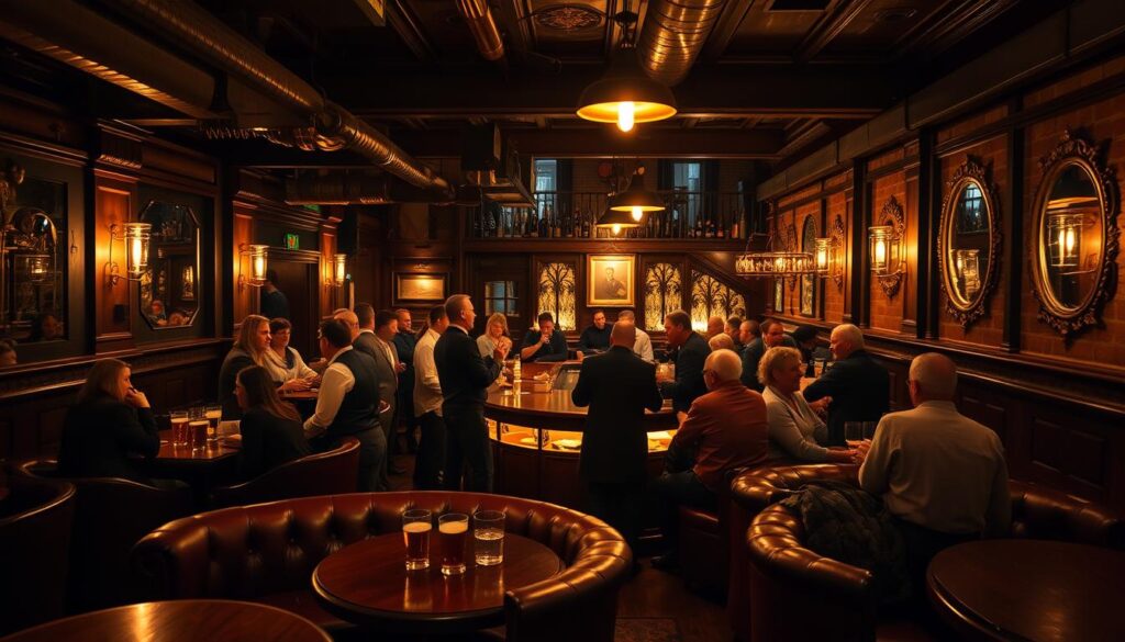 A cozy, dimly lit pub interior with warm, golden lighting casting a inviting glow across the wooden furnishings and rich, leather-upholstered seating. Patrons gathered around a central bar, chatting animatedly over frothy pints and clinking glasses. The atmosphere is lively yet refined, with an air of timeless sophistication. Decorative details like brass fixtures, exposed brick walls, and ornate mirrors create a classic, old-world ambiance. A few scattered tables offer intimate spaces for small groups, while the bar itself is the heart of the scene, bustling with activity. Overall, the image evokes the quintessential atmosphere of a traditional, neighborhood pub where locals and visitors alike can unwind and enjoy a quintessential night out.