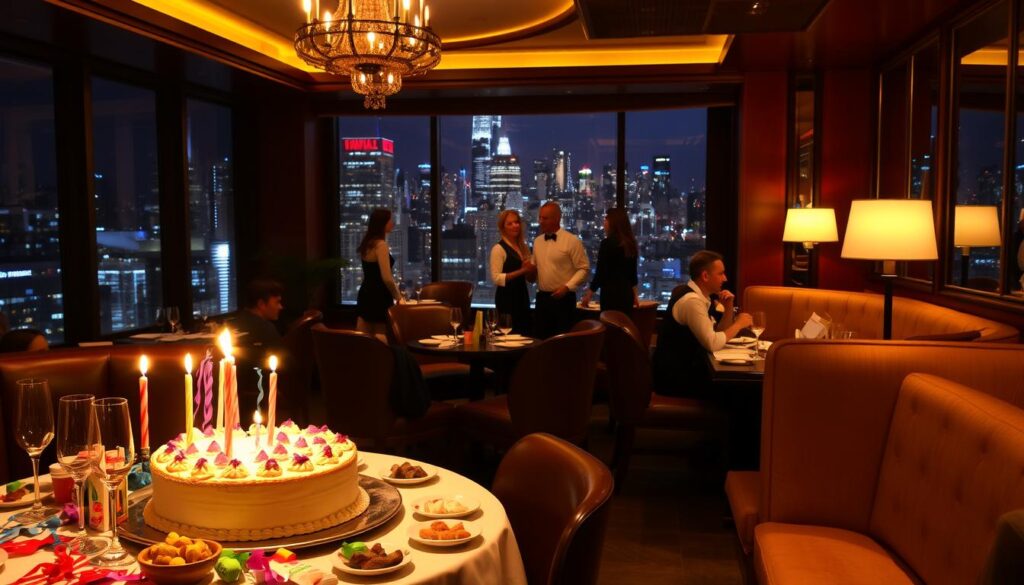 A cozy, dimly-lit restaurant interior with plush seating, warm lighting, and a festive atmosphere. In the foreground, a table is set with a birthday cake, champagne flutes, and an assortment of appetizers and small plates. Scattered around the table are colorful birthday party favors, streamers, and balloons. In the middle ground, servers move gracefully between tables, presenting special birthday menus and cocktails to elegantly dressed patrons. The background features a backdrop of large windows overlooking a bustling city skyline, creating a sense of urban sophistication. The overall mood is one of celebration, indulgence, and exclusive dining experiences.