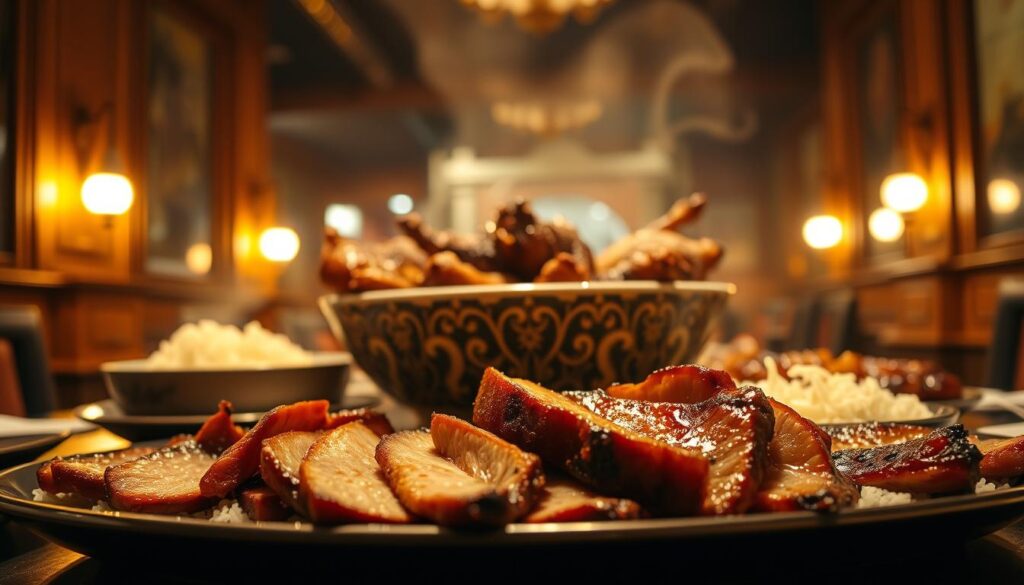 A cozy, dimly-lit restaurant interior, with warm incandescent lighting casting a golden glow over a table featuring an array of expertly-prepared roast meats. In the foreground, tender slices of char siu and roast pork glistening with a caramelized glaze, accompanied by a fragrant pile of aromatic rice. In the middle ground, an intricate ceramic serving dish holds a selection of unique roast meat specialties, such as crispy-skinned Cantonese-style roast goose and succulent roast duck. The background is softly blurred, hinting at the hushed atmosphere and intimate ambiance of this hidden culinary gem. The overall mood is one of refined elegance and homely comfort, inviting the viewer to savor the flavorful delights of Singapore's unsung roast meat masters.