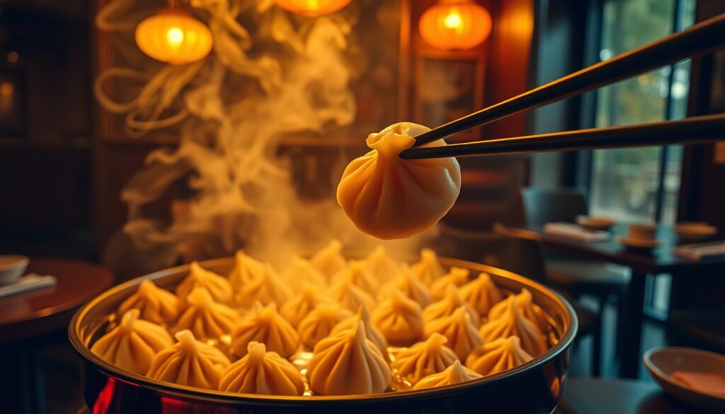 A cozy, dimly-lit restaurant setting with a large, steaming hotpot at the center. The hotpot is brimming with countless juicy xiao long bao, their delicate skins glistening in the warm light. Wisps of fragrant steam rise from the pot, creating a captivating, mouthwatering atmosphere. In the foreground, a pair of chopsticks delicately pick up a plump xiao long bao, ready to be dipped in the rich broth. The background features wooden accents and traditional Chinese decor, transporting the viewer to an authentic Cantonese dining experience. Soft, golden lighting casts a inviting glow, evoking a sense of comfort and indulgence.