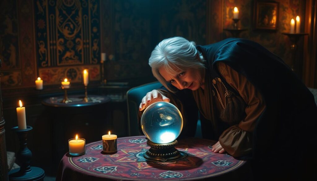 A cozy, dimly lit room with warm candlelight casting a soft glow. In the center, a small round table covered in a rich, ornate cloth, with an antique crystal ball sitting atop it. An elderly fortune teller, dressed in flowing, mystical robes, leans over the table, her hands gently caressing the ball as she peers intently into its depths. Behind her, a tapestry-covered wall adorned with mystical symbols and talismans, creating an atmosphere of mystique and ancient wisdom. The sitter, eyes wide with anticipation, leans forward, their face partially obscured by shadows, captivated by the fortune teller's skilled divination.