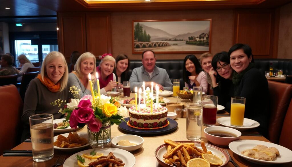A cozy dinner table set for a birthday celebration, with a centerpiece of fresh flowers, lit candles, and a birthday cake. In the foreground, a family-style spread of various dishes and drinks, all arranged neatly. The middle ground features a group of friends and family gathered around the table, their expressions joyful and relaxed. The background showcases a warm, softly lit restaurant interior, with wooden accents and subtle patterns on the walls. The overall mood is one of warmth, togetherness, and the simple pleasures of a shared birthday meal.