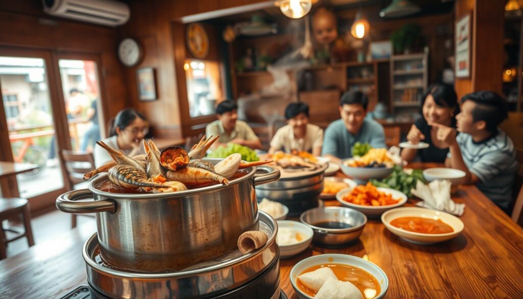 A cozy, family-friendly fish steamboat feast set in the vibrant Whampoa neighborhood. In the foreground, a wooden table laden with a simmering pot of savory broth, fresh seafood, and an assortment of hearty accompaniments. The middle ground features a warm, inviting interior with wooden accents, lively decor, and cheerful diners enjoying their meal. In the background, a window offers a glimpse of the bustling streets outside, creating a sense of community and local charm. Soft, natural lighting illuminates the scene, evoking a welcoming and comforting atmosphere. The overall composition conveys the perfect balance of homemade deliciousness and casual, family-friendly dining.