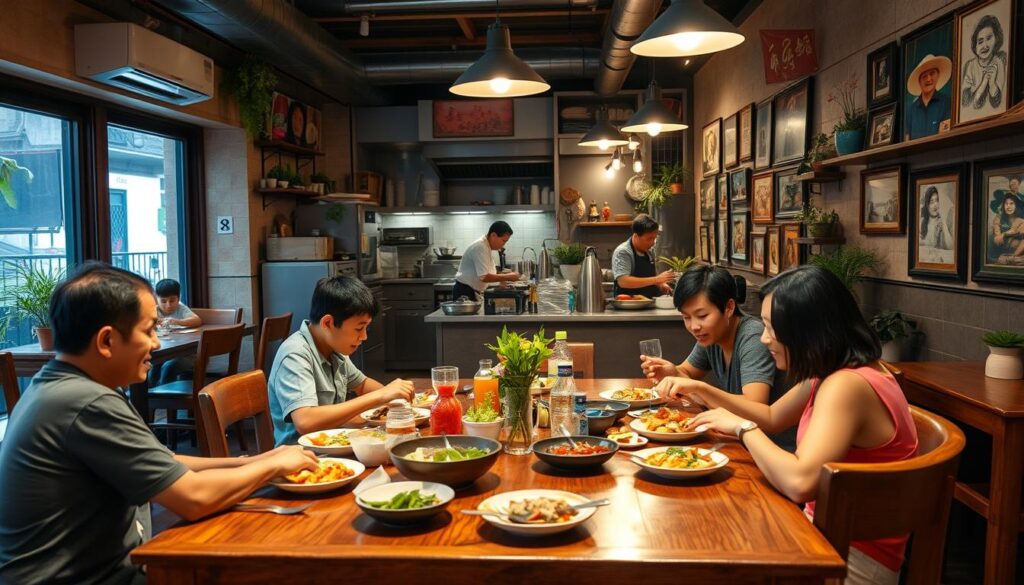 A cozy, family-run Vietnamese restaurant nestled in a bustling Singapore neighborhood. Warm lighting casts a soft glow over the rustic wooden tables and chairs, complementing the vibrant, fragrant dishes on the table. In the foreground, a multi-generational family gathers, sharing a traditional meal and lively conversation. The middle ground features the open kitchen, where skilled chefs meticulously prepare time-honored recipes using fresh, locally-sourced ingredients. The background showcases the restaurant's charming decor, with Vietnamese artwork, potted plants, and a wall of framed family photos, evoking a sense of authentic cultural heritage. The scene exudes a welcoming, homey atmosphere, inviting diners to savor the authentic flavors and heartfelt hospitality of this beloved family establishment.