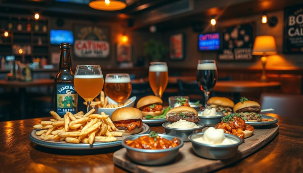 A cozy gastropub interior, dimly lit with warm amber tones. On the wooden table, a selection of craft beer bottles and glasses, accompanied by an artful arrangement of appetizing small plates - crispy fries, juicy sliders, and creamy dips. The focus is on the interplay of flavors, with the craft beers complementing the bold and tantalizing dishes. A sense of conviviality and indulgence permeates the scene, inviting the viewer to imagine the perfect pairing of craft beer and delectable cuisine.