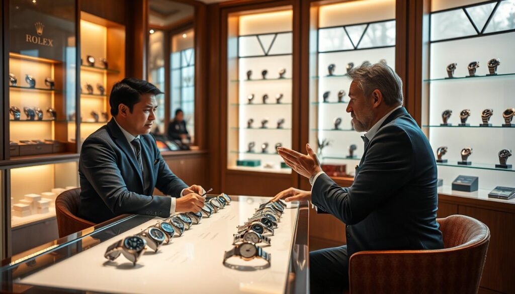 A cozy, high-end Rolex boutique interior with warm lighting and a serene ambiance. In the foreground, a customer sits across from a Rolex sales consultant, engaged in a detailed consultation. The consultant presents various Rolex watch models on a sleek display table, explaining their unique features and craftsmanship. The customer examines the watches intently, considering their options. In the background, elegant shelves showcase a curated selection of Rolex timepieces. Soft, natural light filters through large windows, creating a sense of sophistication and exclusivity. The scene conveys the premium, personalized experience of acquiring an authentic Rolex watch.
