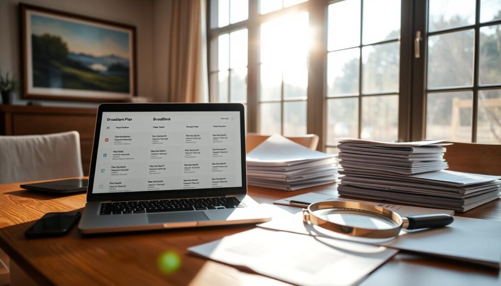 A cozy home office setup with a laptop, smartphone, and various documents spread out on a wooden desk. Bright natural lighting filters in through large windows, casting a warm glow over the scene. In the foreground, different broadband plan options are displayed on the laptop screen, allowing the user to compare features and make an informed decision. The middle ground showcases a stack of papers and a magnifying glass, emphasizing the research and consideration involved in choosing the best broadband plan. The background features a framed landscape painting, creating a sense of calmness and focus. The overall atmosphere conveys a thoughtful, well-informed decision-making process.