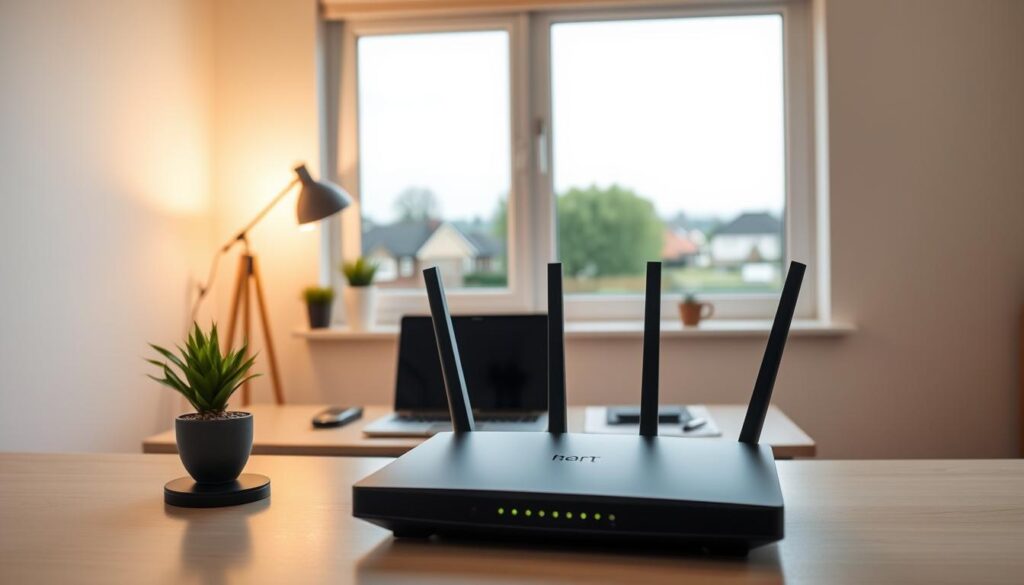 A cozy home office with a sleek, minimalist desk and a high-quality fibre broadband router in the foreground. The desk is adorned with a simple laptop, a potted plant, and a stylish desk lamp, creating a warm, productive atmosphere. The middle ground features a large window overlooking a serene suburban landscape, with soft, natural lighting filtering in. The background showcases a plain, neutral-toned wall, emphasizing the focus on the central setup. The overall composition conveys a sense of efficiency, comfort, and budget-friendly practicality for a light internet user.