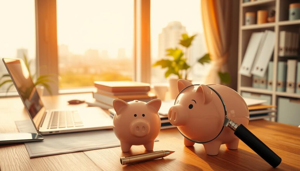 A cozy home office with a well-organized desk, featuring a laptop, calculator, and files. Warm, natural lighting streams through large windows, creating a peaceful atmosphere. In the foreground, a piggy bank and a magnifying glass symbolize the act of carefully examining and saving on insurance premiums. The background showcases a cityscape, hinting at the broader context of finding the best maid insurance deals in Singapore.