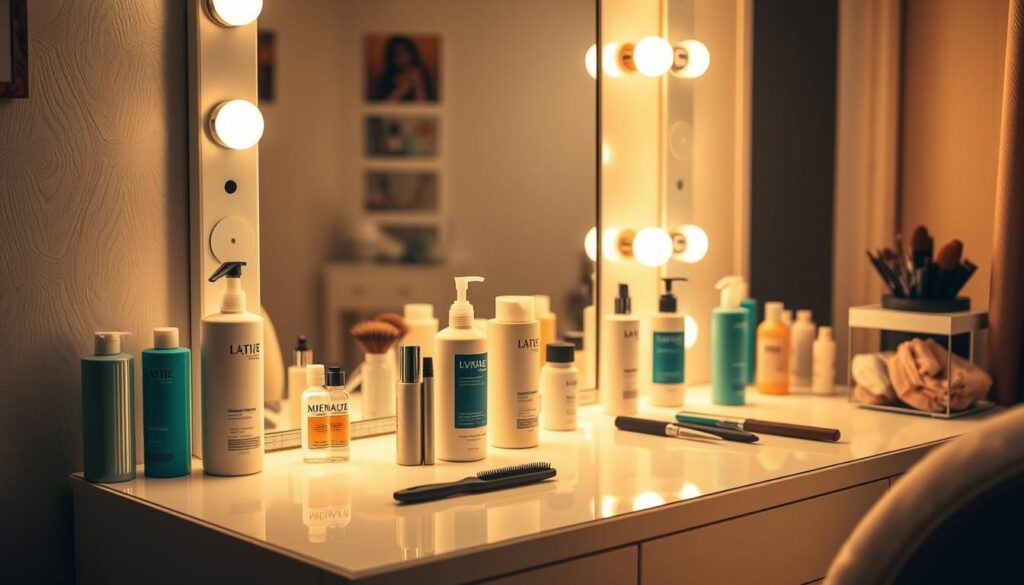 A cozy home salon setup, with a stylish vanity table illuminated by warm, soft lighting. On the tabletop, neatly arranged hair care products - shampoos, conditioners, and styling tools like brushes and combs. In the background, a large mirror reflects the scene, creating a sense of depth and attention to detail. The overall atmosphere is one of tranquility and self-care, inviting the viewer to imagine themselves maintaining their salon-fresh look in the comfort of their own home.