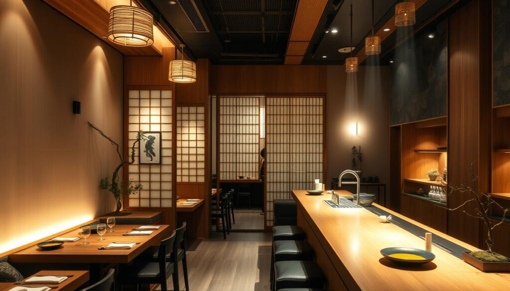 A cozy, intimate Japanese restaurant with a warm, inviting ambiance. The interior features clean, minimalist design with natural wood accents and soft ambient lighting. A long, sleek sushi bar takes center stage, showcasing the skilled chefs at work. Intricately crafted shoji screens divide the space, creating intimate dining nooks. Potted bonsai trees and delicate ikebana floral arrangements lend an authentic Japanese aesthetic. The overall atmosphere is serene and tranquil, evoking the essence of traditional Japanese hospitality.