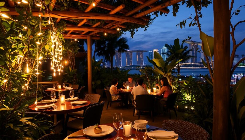 A cozy, intimate restaurant nestled in a lush garden oasis, with strings of twinkling lights and a rustic, wooden pergola overhead. The foreground features a beautifully presented, multi-course tasting menu, with delicate plating and innovative flavor combinations. In the middle ground, a group of diners enjoy a private, candlelit gathering, immersed in conversation and the serene ambiance. The background showcases the stunning Singapore skyline, with towering skyscrapers and the iconic Marina Bay Sands in the distance, creating a striking contrast between the urban and the natural.