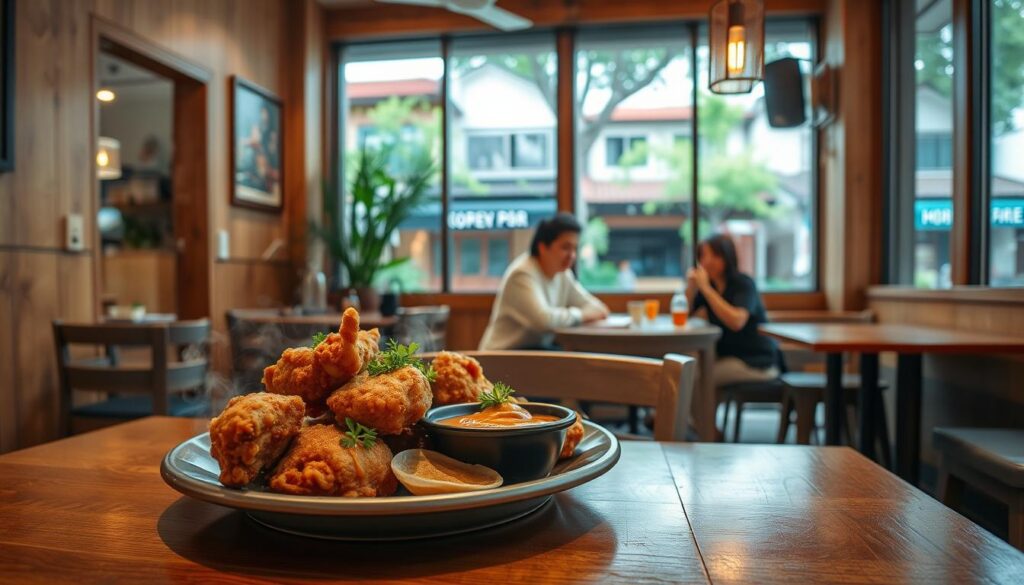 A cozy, intimate restaurant with a warm, inviting ambiance. The interior features natural wood tones and soft lighting, creating a relaxed and comfortable atmosphere. In the foreground, a steaming plate of crispy, golden-brown Korean fried chicken sits atop a wooden table, garnished with fresh herbs and a side of tangy dipping sauce. The middle ground showcases a few cheerful patrons enjoying their meal, while the background reveals the quaint neighborhood of Potong Pasir, with its charming shophouses and lush greenery visible through the large windows. The scene is captured with a wide-angle lens, emphasizing the harmonious blend of the restaurant's inviting atmosphere and the picturesque surroundings.