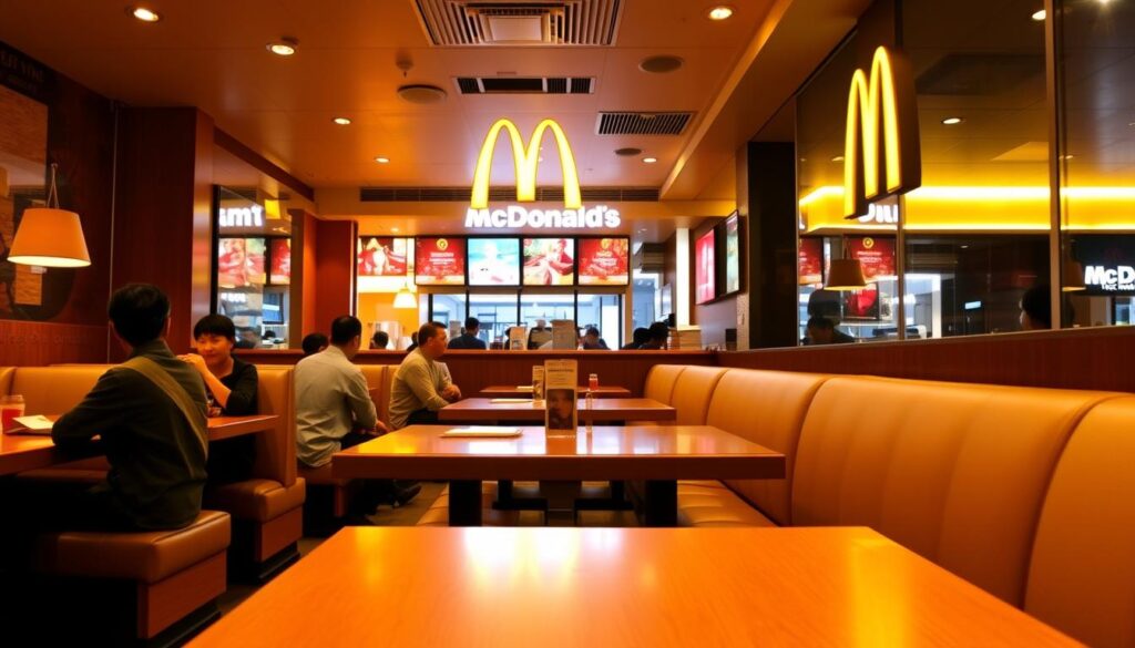 A cozy, inviting McDonald's restaurant interior, bathed in warm, golden lighting. The foreground features wooden tabletops and plush booth seating, creating a comfortable and relaxing ambiance. In the middle ground, customers enjoying their meals, their faces lit by the soft glow of the restaurant's lighting. The background showcases the iconic golden arches and sleek, modern decor, giving a sense of familiarity and familiarity. The overall scene exudes a sense of welcoming hospitality, perfect for a local's guide to the best McDonald's in Singapore.