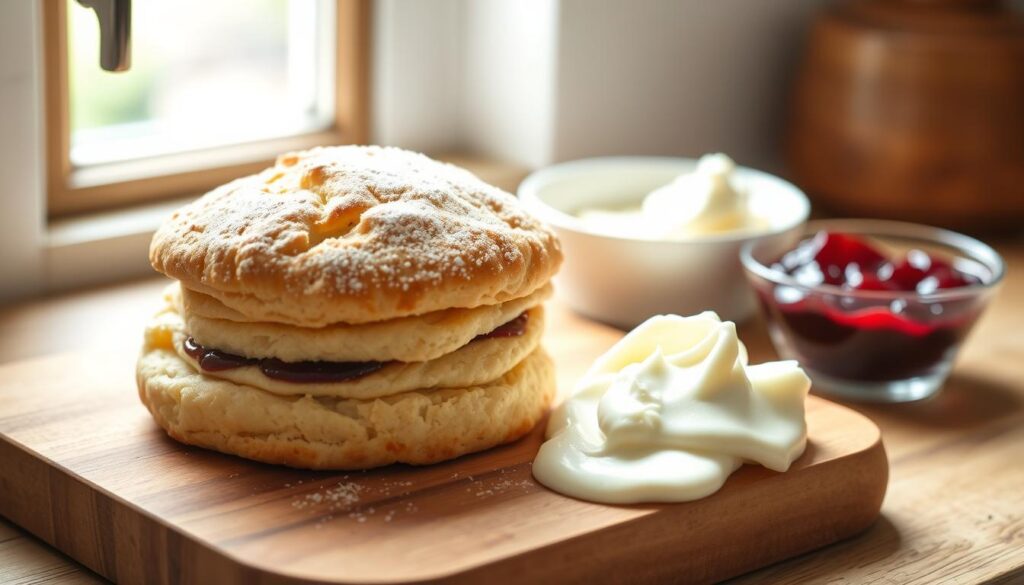 A cozy kitchen scene with a freshly baked cream and jam scone placed on a wooden cutting board. The scone is delicately golden-brown, its layers glistening with a light dusting of powdered sugar. Beside it, a small bowl of thick, ruby-red jam and a dollop of rich, creamy clotted cream. Soft, natural lighting filters in through a nearby window, casting a warm glow over the scene. The atmosphere is one of simple pleasures and artisanal craft, inviting the viewer to imagine the delightful debate between the merits of cream versus jam on the perfect scone.