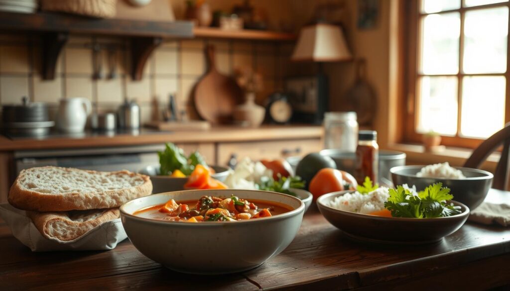 A cozy kitchen scene with a rustic wooden table, featuring a simple yet appetizing array of budget-friendly supper options. In the foreground, a steaming bowl of hearty stew or curry, accompanied by a fresh, crusty loaf of bread. Surrounding it, an assortment of colorful, locally-sourced vegetables, perhaps a bowl of fragrant rice, and a few modest but flavorful condiments. Warm, natural lighting from a large window bathes the scene, creating a welcoming and homely atmosphere. The overall impression is one of unpretentious, wholesome sustenance, highlighting the delicious and affordable supper choices available in Singapore.