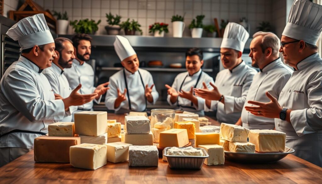 A cozy kitchen setting with a group of professional chefs gathered around a wooden table, engaged in a lively discussion. In the foreground, an assortment of high-quality butter blocks and tubs takes center stage, each one showcasing unique textures and hues. The chefs, dressed in crisp white uniforms, gesture animatedly as they share their insights and preferences for different butter varieties. Warm, directional lighting casts a soft glow, emphasizing the rich, creamy tones of the butter. The background features a blend of stainless steel appliances, potted herbs, and a hint of the bustling kitchen beyond, creating a sense of culinary expertise and exploration.