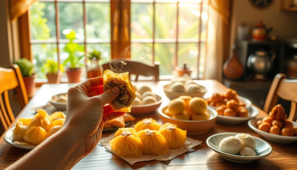 A cozy kitchen table adorned with an array of traditional Teochew snacks, including steaming hot Soon Kueh, fluffy Apom Berkuah, and fragrant Ang Ku Kueh. The warm, soft lighting casts a gentle glow, accentuating the intricate textures and vibrant colors of the delicacies. In the foreground, a pair of hands carefully unwraps a Soon Kueh, its delicate skin revealing the savory fillings within. The middle ground showcases the variety of snacks, each one beckoning to be savored. In the background, a window overlooking a lush, verdant garden adds a serene, natural element to the scene. The overall mood is one of comfort, tradition, and the pure enjoyment of authentic Teochew cuisine.