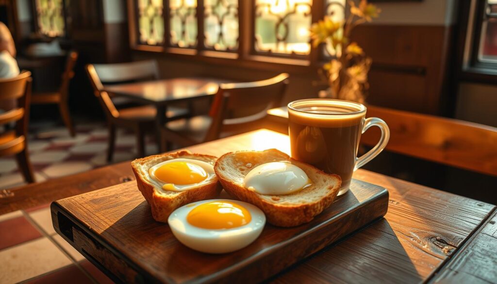 A cozy kopitiam setting, bathed in warm, golden light. On a rustic wooden table, a holy trinity of Singaporean delights - soft, creamy kaya toast, a pair of perfectly cooked soft-boiled eggs, and a steaming cup of aromatic kopi. The eggs' yolks, glistening like molten gold, invite a savory dip with the crisp, buttery toast. The kopi's rich, robust aroma mingles with the fragrant, subtly sweet kaya, creating a harmonious sensory experience. In the background, the timeless ambiance of a traditional kopitiam, with its tiled floors, intricate window grilles, and the gentle hum of conversation. This image captures the essence of what makes a kopitiam truly great - the simple pleasures of comfort, nostalgia, and the perfect pairing of local flavors.