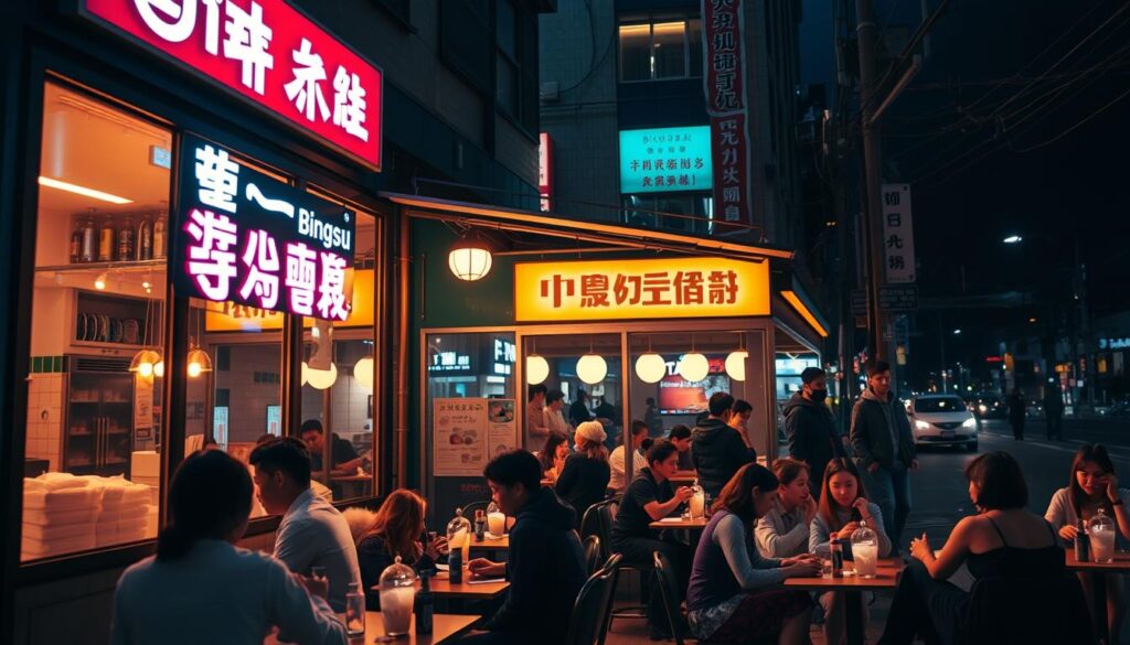 A cozy late-night scene of a bustling bingsu cafe, its neon-lit exterior casting a warm glow onto the city streets. Inside, the space is filled with the aroma of freshly shaved ice and sweet toppings. Patrons gather around intimate tables, savoring the delicate layers of bingsu and sharing lively conversation. Soft ambient lighting accentuates the mouthwatering desserts, while large windows offer a glimpse of the nighttime urban landscape beyond. The atmosphere is both tranquil and energetic, inviting weary passersby to indulge in a moment of sweet respite.