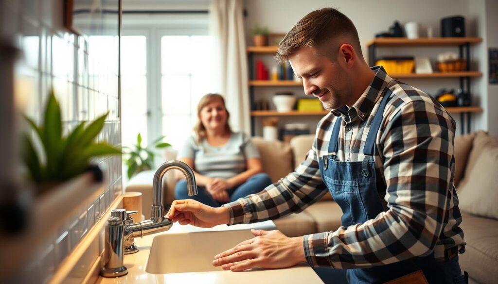 A cozy living room interior with a well-lit foreground, showcasing a professional plumber examining a sink and pipes. The middle ground features a homeowner observing the plumber's work, with a sense of trust and relief on their face. The background depicts shelves of plumbing tools and supplies, hinting at the plumber's expertise and reliability. The scene is captured with a warm, natural lighting that emphasizes the professionalism and care taken in addressing the plumbing issue. The overall atmosphere conveys a sense of problem-solving and confidence in the plumber's abilities.