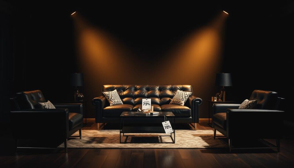 A cozy living room with modern black furniture showcased in a dramatic spotlight against a dark, moody backdrop. The centerpiece is a luxurious black leather sofa flanked by sleek black armchairs, all adorned with bold, white price tags indicating significant discounts. The room is bathed in warm, golden lighting, creating an inviting ambiance and highlighting the high-quality craftsmanship of the furniture. The walls are shrouded in shadow, drawing the viewer's attention to the featured pieces. The scene conveys a sense of sophistication and exclusivity, hinting at the exceptional deals to be found on Black Friday.