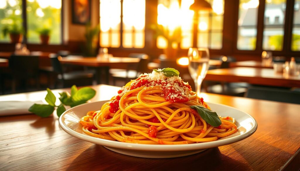 A cozy, modern trattoria in Singapore, bathed in warm, golden light from large windows. On the table, a heaping plate of fresh, homemade pasta - thin spaghetti strands tossed in a vibrant, tomato-based sauce, topped with grated parmesan and a sprinkle of fresh basil. The atmosphere is relaxed and inviting, with simple, rustic decor and a friendly, attentive staff. The pasta appears delectable, the perfect balance of flavor and affordability, showcasing the quality and craftsmanship of the kitchen. A cozy, modern trattoria in Singapore, bathed in warm, golden light from large windows. On the table, a heaping plate of fresh, homemade pasta - thin spaghetti strands tossed in a vibrant, tomato-based sauce, topped with grated parmesan and a sprinkle of fresh basil. The atmosphere is relaxed and inviting, with simple, rustic decor and a friendly, attentive staff. The pasta appears delectable, the perfect balance of flavor and affordability, showcasing the quality and craftsmanship of the kitchen.