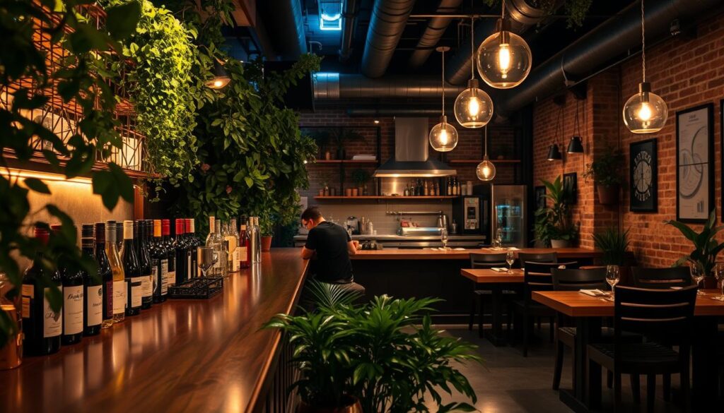 A cozy natural wine bar with a fusion twist, illuminated by warm ambient lighting and filled with lush greenery. In the foreground, a wooden bar showcases a diverse selection of natural wines, complemented by a meticulously curated menu of fusion-inspired small plates. The middle ground features an open kitchen, where chefs artfully blend global flavors, creating a harmonious dance of textures and aromas. The background reveals a rustic, industrial-chic setting, with exposed brick walls, pendant lights, and a lively atmosphere that invites guests to savor the unique dining experience.