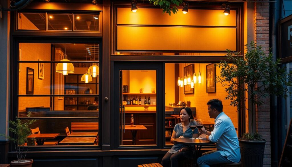 A cozy neighborhood bistro in Bishan, its charming facade bathed in warm evening light. Through the large windows, glimpse a welcoming interior with wooden tables, pendant lamps, and a small bar. In the foreground, a couple leisurely sipping wine at a bistro table, engaged in conversation. The scene exudes a relaxed, familial atmosphere, inviting passersby to step inside and enjoy a delightful dining experience.