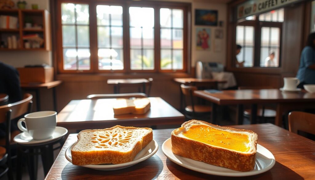 A cozy neighborhood café, sunlight streaming through large windows, revealing a display of perfectly golden kaya toast slices, their crisp exteriors giving way to soft, buttery interiors. Adorning the simple wooden tables, these unassuming gems exude a humble, homemade charm, beckoning passersby to step inside and savor the familiar flavors of this beloved Singaporean delight. The aroma of freshly brewed coffee and the muted chatter of locals create a warm, inviting atmosphere, where the true essence of kaya toast is celebrated in all its understated glory.