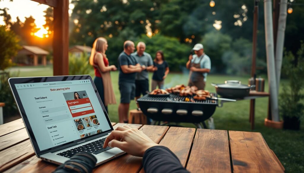 A cozy outdoor scene with a rustic wooden table set for a BBQ catering booking process. In the foreground, a laptop open to a booking website, with hands gesturing over the screen. In the middle ground, a team of catering staff discussing menu options and event logistics. In the background, a charcoal grill sizzling with juicy meats, surrounded by lush greenery and a warm, golden sunset glow. The atmosphere is inviting, with a sense of collaboration and professionalism, capturing the essence of a seamless BBQ catering booking experience. A cozy outdoor scene with a rustic wooden table set for a BBQ catering booking process. In the foreground, a laptop open to a booking website, with hands gesturing over the screen. In the middle ground, a team of catering staff discussing menu options and event logistics. In the background, a charcoal grill sizzling with juicy meats, surrounded by lush greenery and a warm, golden sunset glow. The atmosphere is inviting, with a sense of collaboration and professionalism, capturing the essence of a seamless BBQ catering booking experience.