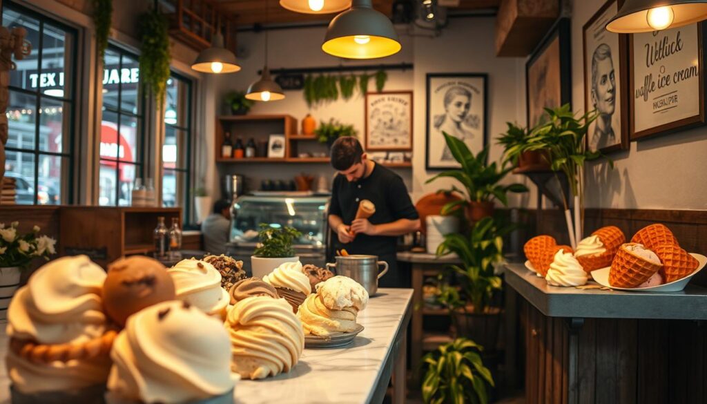 A cozy, quaint ice cream cafe nestled in a bustling city street. Warm, inviting lighting casts a soft glow over the artisanal treats on display. The interior is filled with rustic, handcrafted furnishings and charming decor, creating an intimate, homely atmosphere. In the foreground, a tempting array of freshly scooped ice cream in a variety of creamy, indulgent flavors sit atop a marble countertop. The middle ground features a barista meticulously crafting a waffle cone, its golden-brown exterior glistening. Lush potted plants and vintage-inspired wall art adorn the background, adding to the cafe's distinct character. The overall scene evokes a sense of comforting nostalgia and artisanal craftsmanship, perfectly capturing the essence of a must-visit destination for the best waffle ice cream in Singapore.