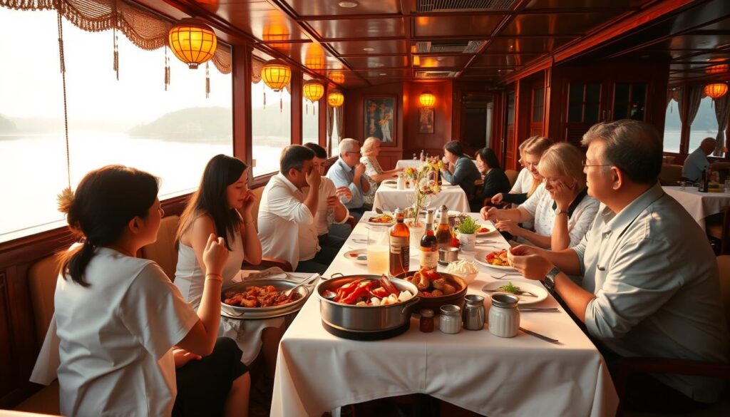 A cozy steamboat dining scene on a vintage paddleboat, with a warm, amber lighting illuminating the intimate setting. Crisp white tablecloths and polished wooden furnishings set the elegant tone, while the expansive windows offer panoramic views of the serene river outside. Diners are engaged in lively conversation, savoring fresh, steaming seafood hotpot dishes, with garnishes and condiments artfully arranged on the table. The atmosphere is one of conviviality and a sense of timeless tradition, inviting the viewer to imagine themselves immersed in this quintessential steamboat dining experience.