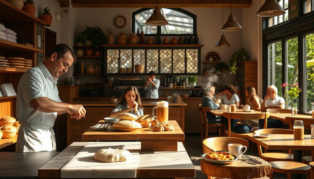 A cozy, sun-dappled European cafe interior, with wooden tables and chairs arranged around a central counter. In the foreground, a skilled baker in a crisp white apron kneads dough on a marble surface, while an array of freshly baked breads, pastries, and quiches are displayed on a rustic wooden shelf behind them. The middle ground features a barista expertly pouring a latte, the steam curling in the air. In the background, large windows allow natural light to flood the space, illuminating diners enjoying their leisurely Sunday brunch, creating a warm, inviting atmosphere.