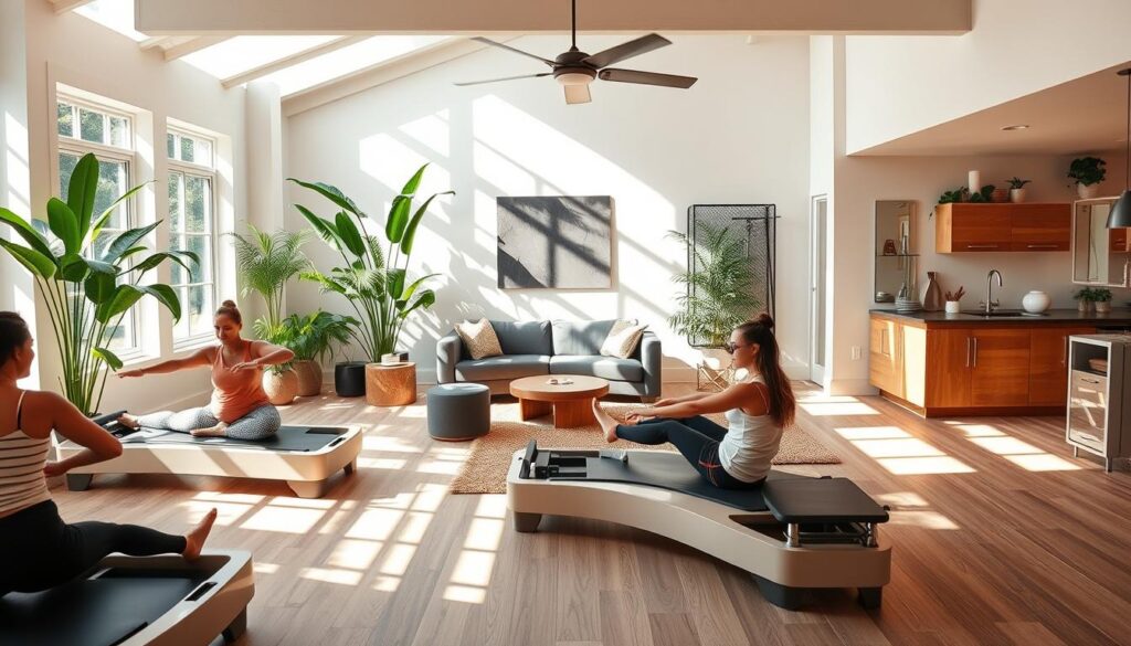 A cozy, sun-drenched community pilates studio with a welcoming, modern aesthetic. In the foreground, a group of diverse individuals engaged in a pilates session on sleek, high-quality equipment. The middle ground features a soothing lounge area with comfortable seating, lush greenery, and natural light filtering through large windows. In the background, a well-equipped amenities section showcases a luxurious shower area, a tranquil meditation nook, and a refreshment bar stocked with healthy snacks and beverages. The overall atmosphere emanates a sense of rejuvenation, mindfulness, and a strong communal spirit.