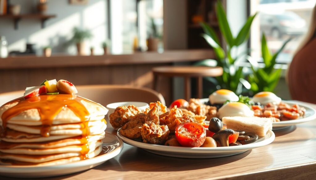 A cozy, sun-drenched scene at Earlybird Cafe, showcasing their famous breakfast dishes. In the foreground, a stack of fluffy pancakes with maple syrup and fresh fruit, accompanied by a side of crisp, golden-brown chicken wings. In the middle ground, a full English breakfast plate with grilled tomatoes, sautéed mushrooms, baked beans, and perfectly poached eggs. In the background, a glimpse of the cafe's minimalist, Scandinavian-inspired decor, with a sleek wooden bar and lush, verdant plants. The lighting is soft and natural, casting a warm, inviting glow over the entire scene. The composition is balanced and visually appealing, capturing the essence of Earlybird Cafe's renowned breakfast offerings.