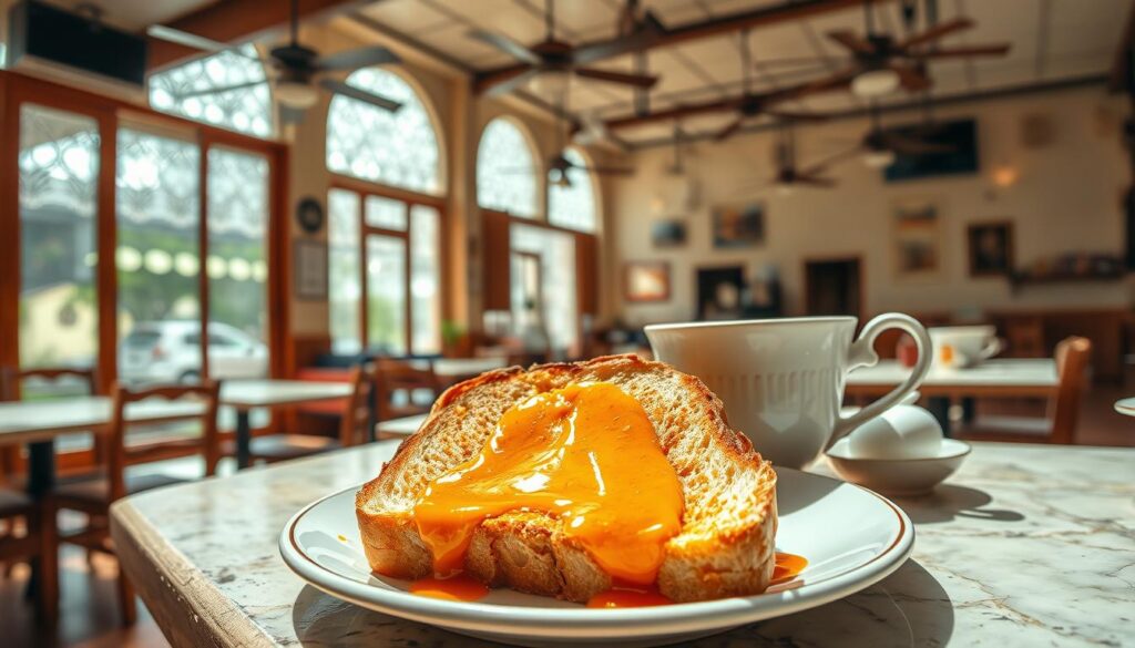 A cozy, sun-drenched scene of a traditional Singaporean kaya toast breakfast. In the foreground, a pair of crisp, golden-brown toast slices drizzled with rich, glistening kaya (coconut jam) and butter, accompanied by a soft-boiled egg in a dainty eggcup. Surrounding the plate, a vintage china teacup filled with aromatic Singapore-style kopi (coffee) and a small saucer of fragrant pandan-infused sugar. In the middle ground, a weathered, marble-topped table with a wooden frame, set against the backdrop of a charming, colonial-style cafe interior, complete with intricate ceiling fans and warm, natural lighting filtering through lace-curtained windows. An atmosphere of timeless elegance and comforting nostalgia.