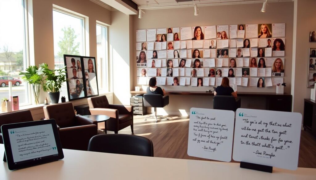 A cozy, sun-lit hair salon interior with a prominent display of framed customer testimonials. In the foreground, a clean, minimalist reception desk with a tablet showcasing glowing reviews. In the middle ground, plush leather chairs and elegant styling stations, where stylists attend to their clients. The background features a gallery wall with an array of heartfelt, handwritten notes from satisfied customers, their smiling faces captured in candid polaroid-style photographs. The overall atmosphere is one of warmth, professionalism, and a genuine commitment to customer satisfaction.