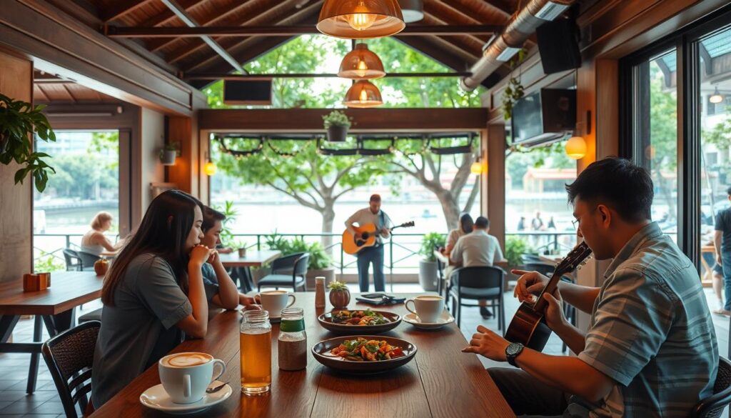 A cozy, sunlit cafe nestled in the heart of Clarke Quay, Swee Lee exudes a fusion of music and brunch delights. In the foreground, a group of friends gather around a wooden table, sipping on artisanal coffee and savoring seasonal dishes. The middle ground showcases a live acoustic performance, the musician's fingers gracefully dancing across the strings, captivating the relaxed patrons. The background reveals the vibrant riverside promenade, with lush greenery and a gentle breeze flowing through. Soft, warm lighting creates a inviting ambiance, while the carefully curated decor blends modern and vintage elements. An atmosphere of harmony and indulgence pervades the scene, reflecting the perfect balance of musical entertainment and culinary delights.