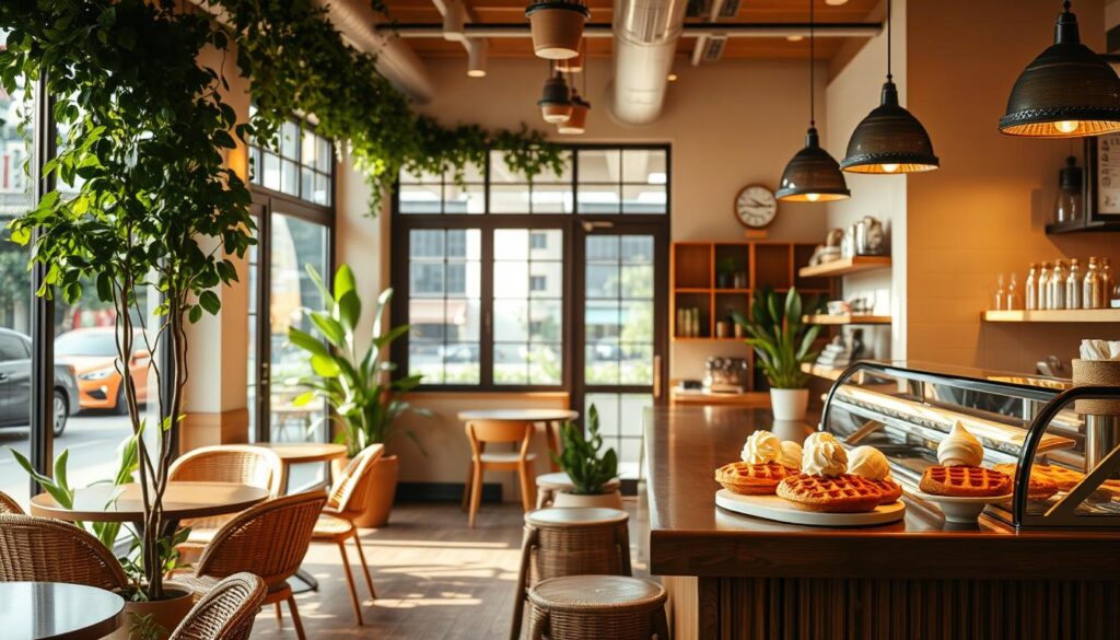 A cozy, sunlit cafe nestled in the heart of Singapore's vibrant East, its facade adorned with lush greenery and warm, inviting tones. Inside, a stylish yet comfortable setting, with rattan furniture, natural wood accents, and a soothing neutral color palette. At the counter, a tantalizing display of handcrafted waffles and creamy ice cream, beckoning customers to indulge in the perfect sweet treat. Soft lighting casts a gentle glow, creating an atmosphere of relaxation and indulgence. A picturesque scene, capturing the essence of the East's thriving cafe culture and the delightful fusion of East and West.