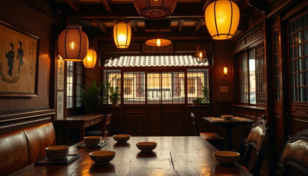 A cozy, traditional Korean-Chinese restaurant interior, bathed in warm, golden lighting. The foreground features a well-worn wooden table, set with intricate ceramic dishware and chopsticks. Hanging lanterns cast a soft glow, while the walls are adorned with delicate calligraphic paintings and ornate wooden carvings. In the middle ground, a wooden screen divides the space, offering a sense of privacy and intimacy. The background reveals a traditional tile roof, visible through large windows, hinting at the restaurant's authentic atmosphere. The overall mood is one of quiet sophistication and cultural heritage, creating an immersive dining experience.