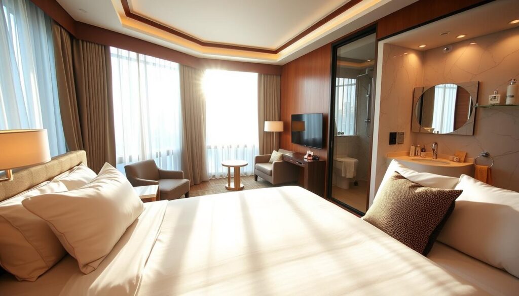 A cozy, well-appointed 4-star Singapore hotel room with plush bedding, high-end furnishings, and modern amenities. Sunlight streams through floor-to-ceiling windows, casting a warm glow on the polished wood floors and designer accents. In the foreground, a luxurious king-size bed is flanked by sleek nightstands with reading lamps. On the middle-ground, a comfortable sitting area features a stylish armchair and side table. The background showcases a marble-clad bathroom with a rain shower and premium toiletries, reflecting the refined elegance of a premium Singapore hotel.